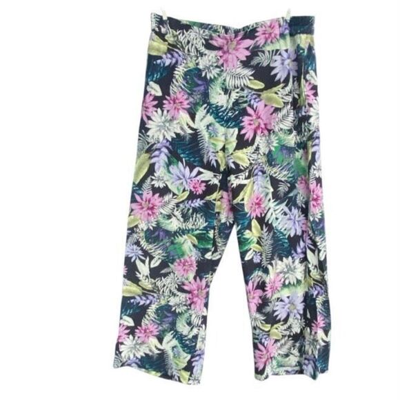 J.Jill Women’s Tropical Floral Cropped Pants Sz Small Pull-On Wide Leg Black Mul - Picture 1 of 4